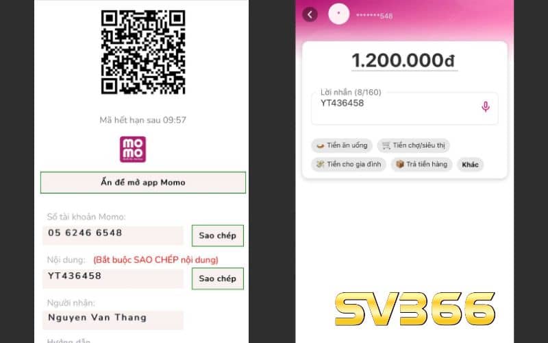 Thực hiện chuyển tiền bằng thông tin có sẵn hoặc ấn mở app MOMO